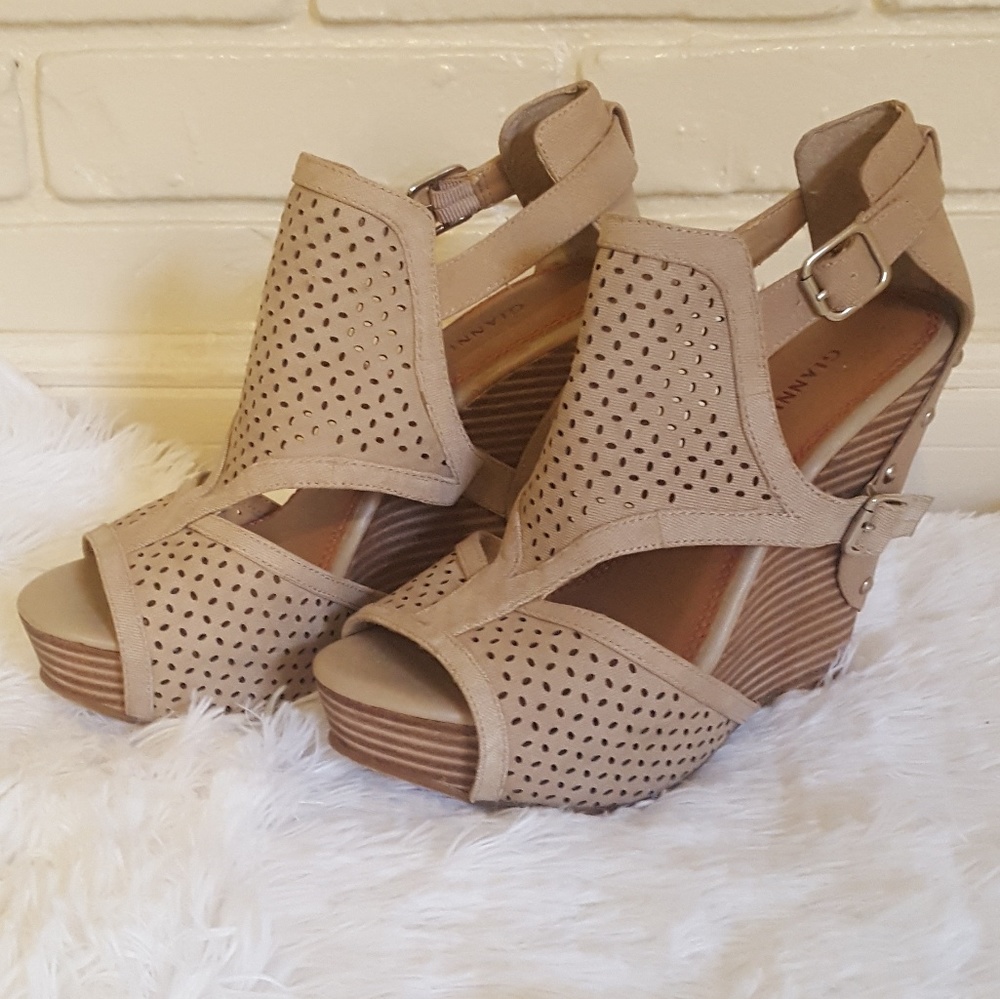 Gianni Bini Beige Perforated Wedge Sandals